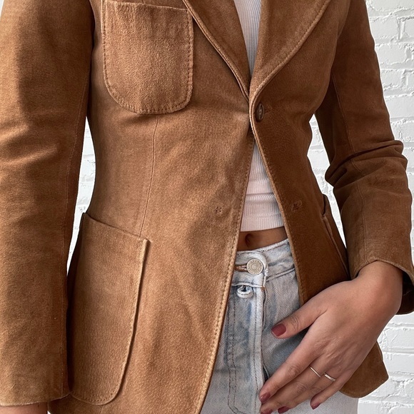 Vintage 70's Benchmark Tan Suede Leather Dagger Collar Jacket Blazer - Picture 5 of 9